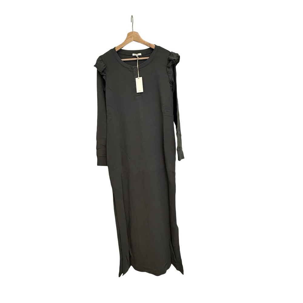 Z Supply Charcoal Grey Ruffle Shoulder Henley Maxi Dress French Terry NWT Small